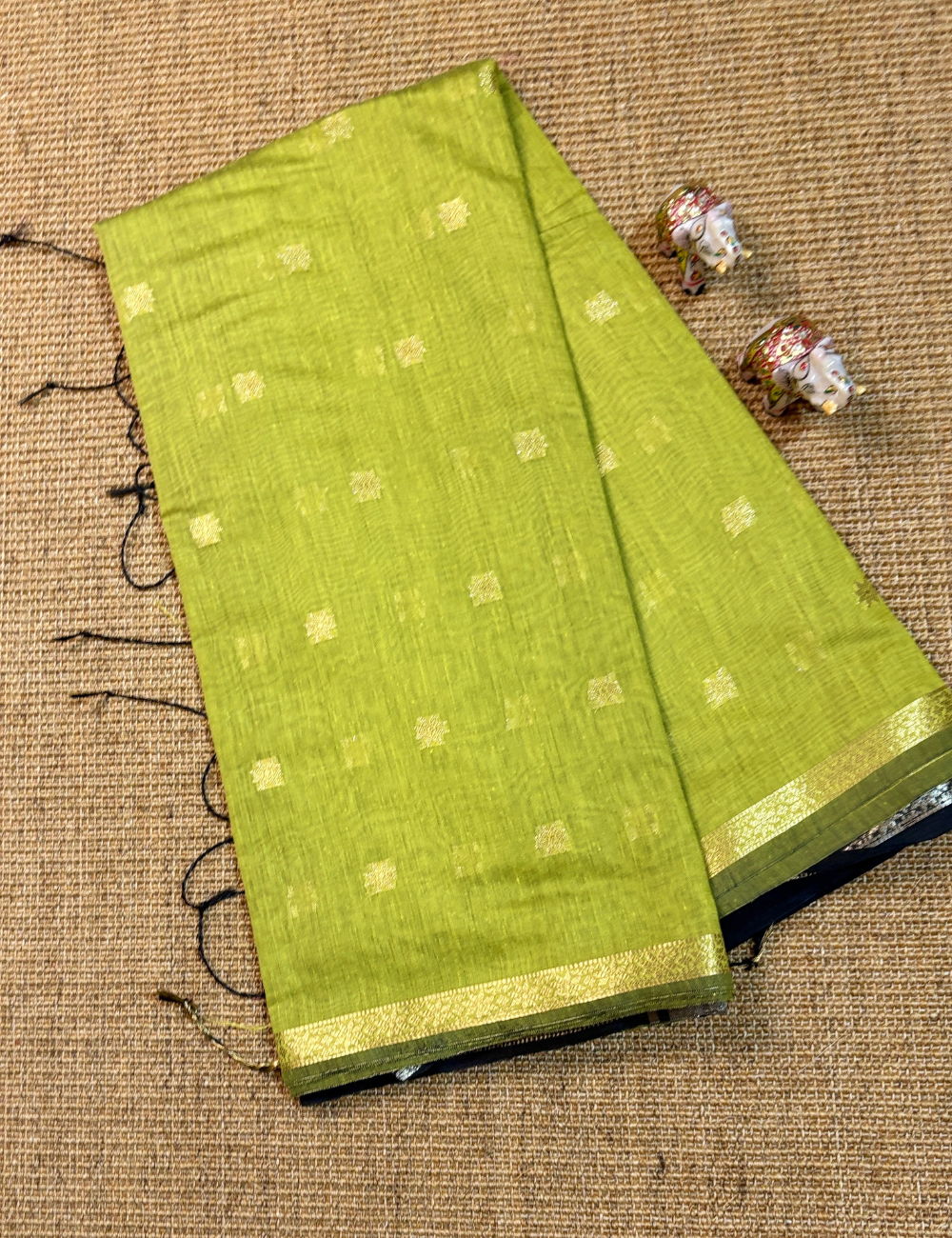 Lime Green & Black Kalyani Cotton Saree with Golden Border & Buttas