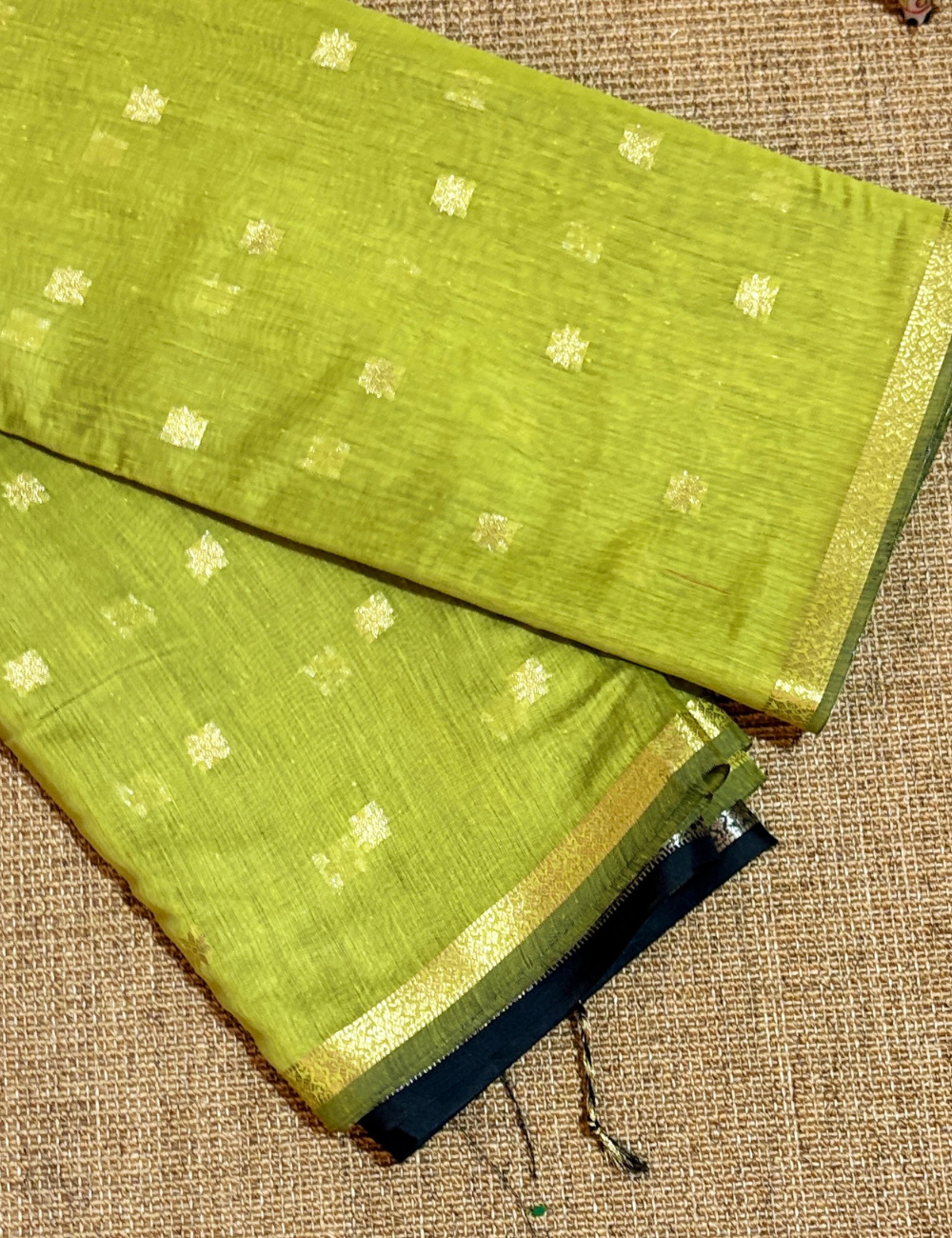Lime Green & Black Kalyani Cotton Saree with Golden Border & Buttas