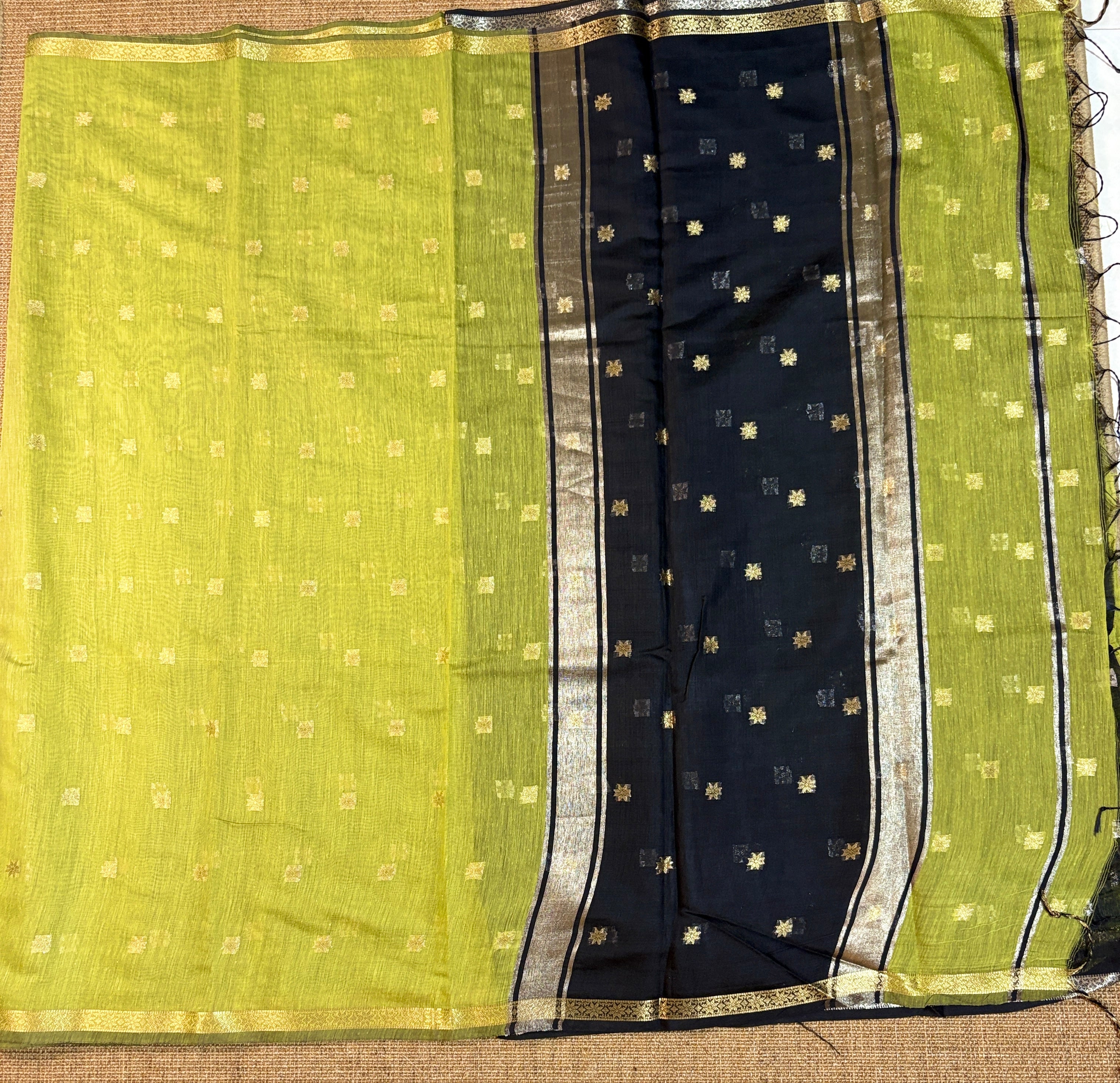 Lime Green & Black Kalyani Cotton Saree with Golden Border & Buttas