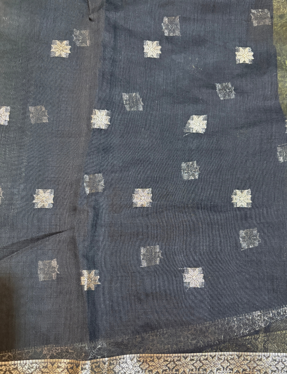 Lime Green & Black Kalyani Cotton Saree with Golden Border & Buttas