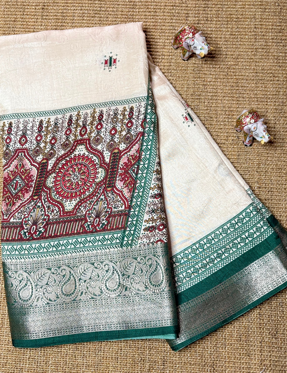 Cream with  Green & Red  Border Tussar saree