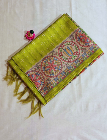 Art Inspired Lime Green  Madhubani Saree