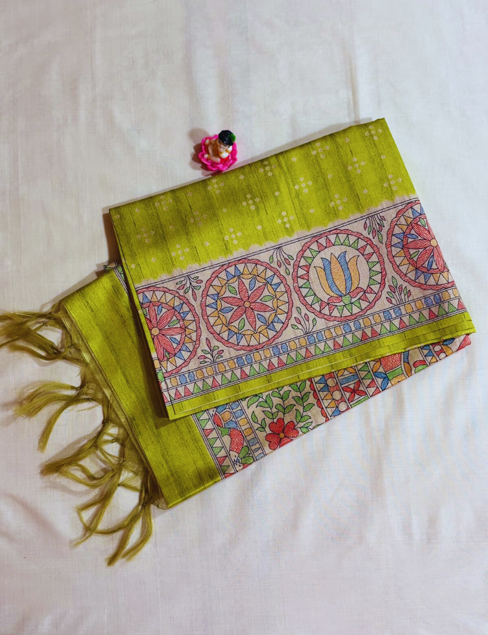 Art Inspired Lime Green  Madhubani Saree