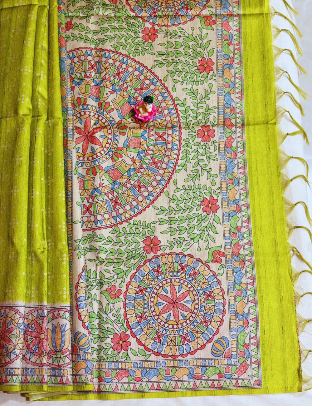 Art Inspired Lime Green  Madhubani Saree