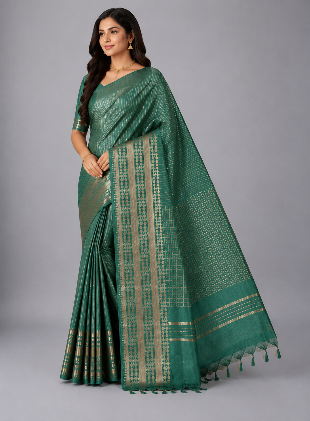 Green Checked moonga Silk Saree