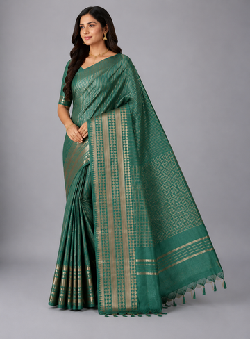 Green Checked moonga Silk Saree