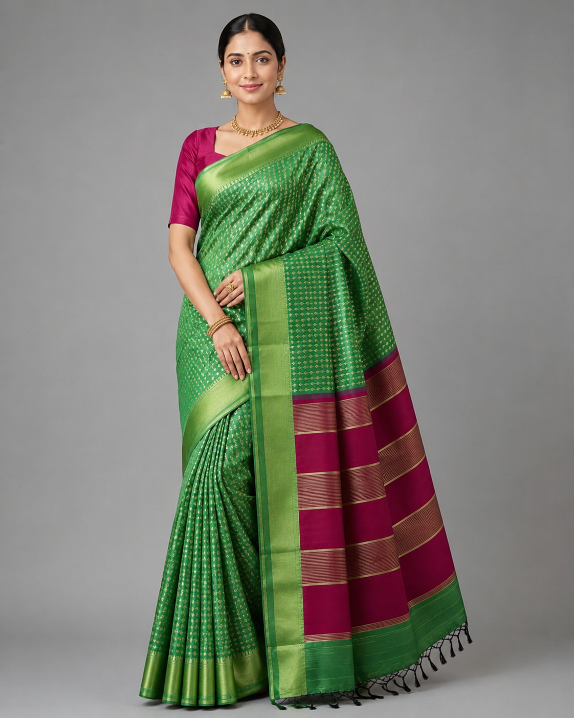 Parrot Green With Maroon Raw Silk Saree
