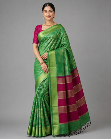 Parrot Green With Maroon Raw Silk Saree