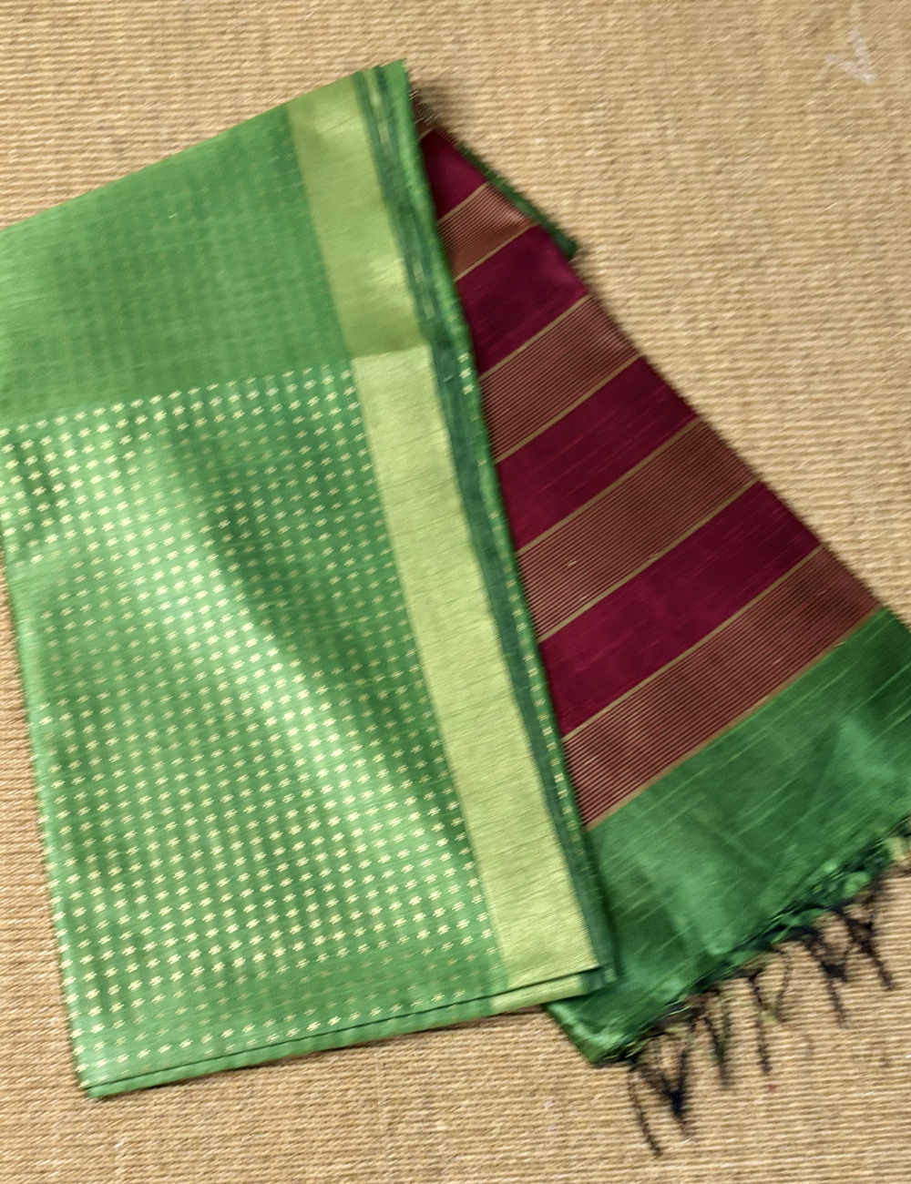 Parrot Green With Maroon Raw Silk Saree