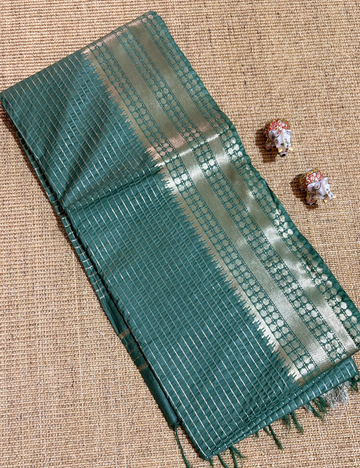 Green Checked moonga Silk Saree