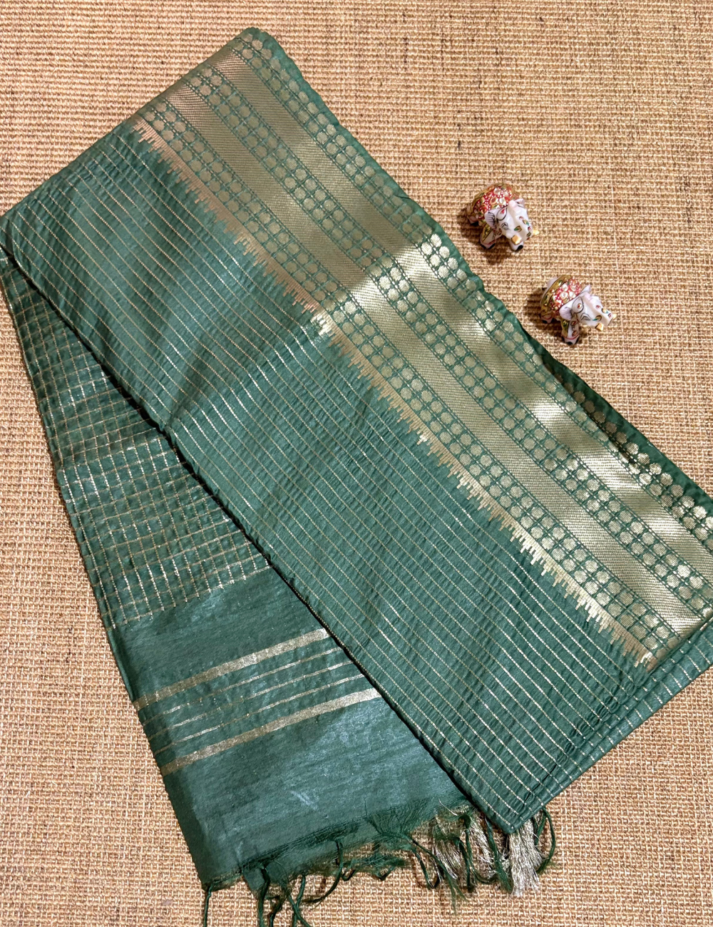 Green Checked moonga Silk Saree