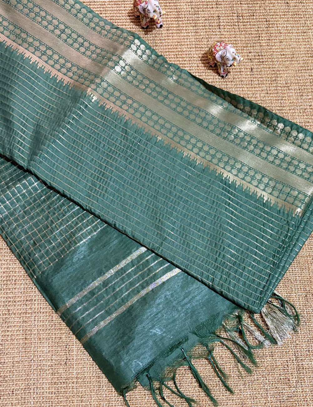 Green Checked moonga Silk Saree