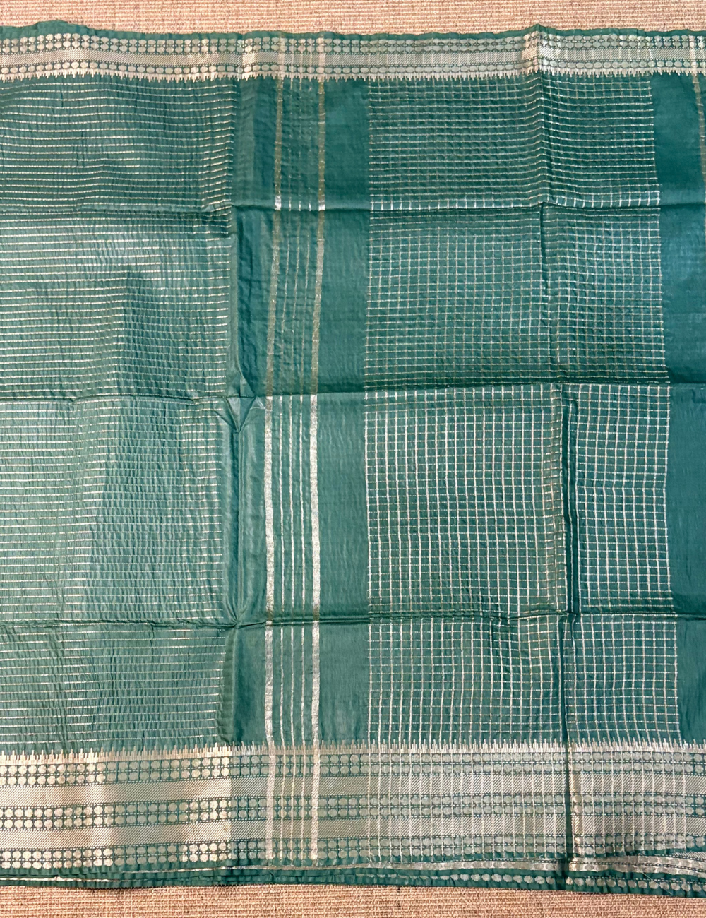Green Checked moonga Silk Saree