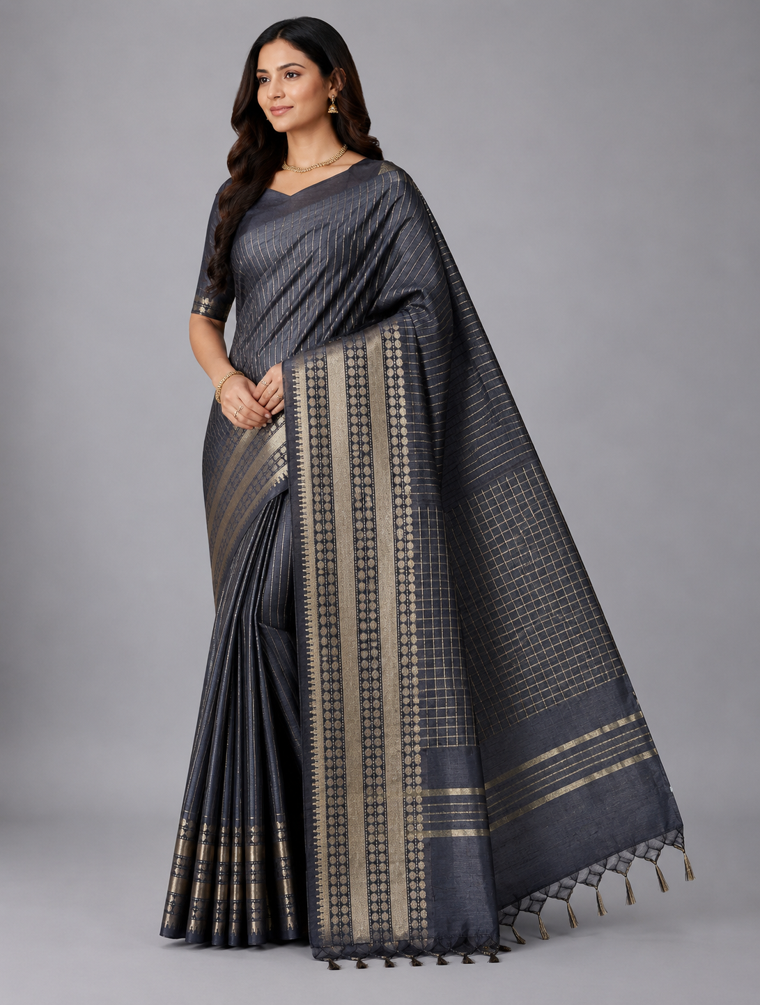 Elephant Grey Checked Moonga Silk Saree