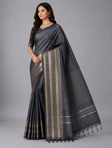 Elephant Grey Checked Moonga Silk Saree