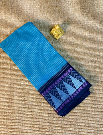 Pure Light Blue Cotton Saree with Dark Blue Border