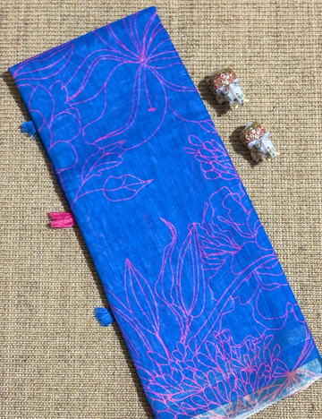 Ink Blue With Rani Pink Linen Saree