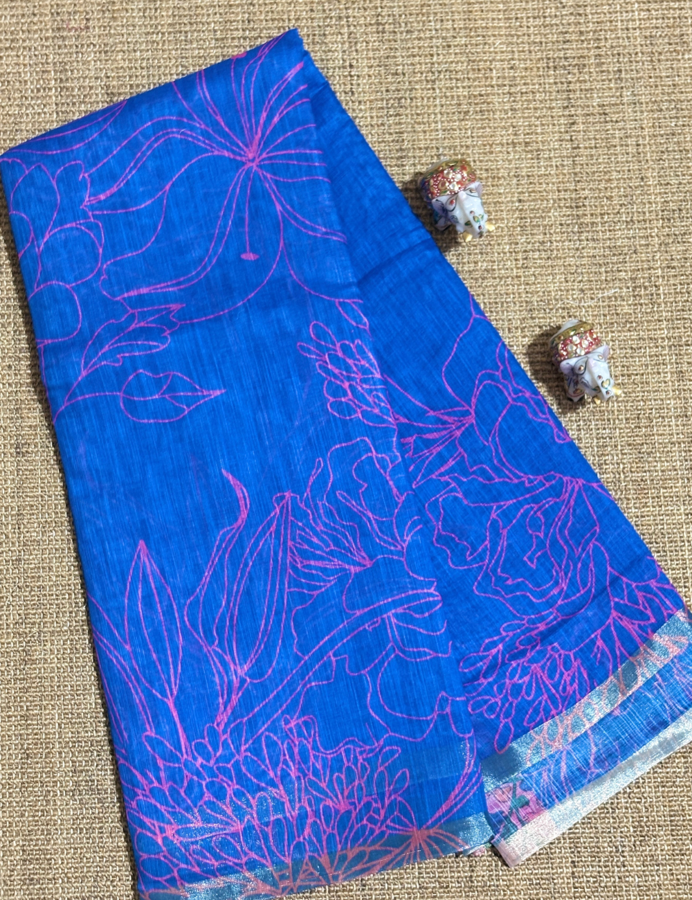 Ink Blue With Rani Pink Linen Saree