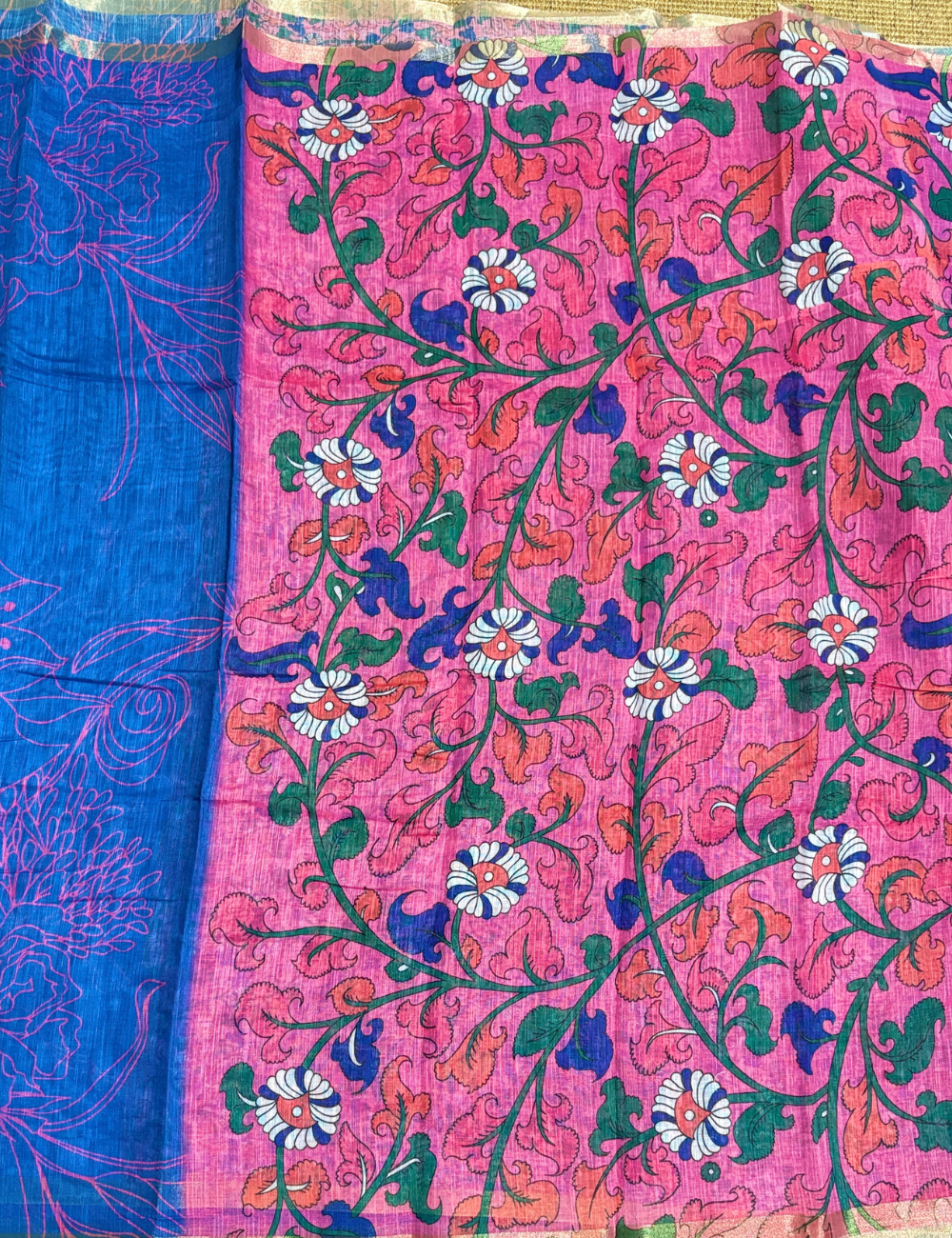 Ink Blue With Rani Pink Linen Saree