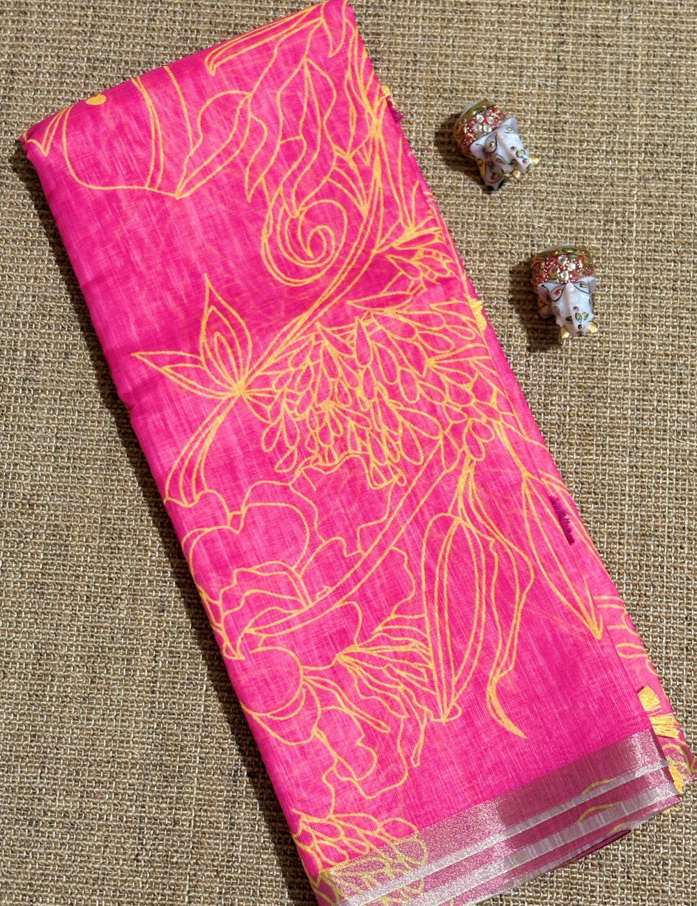 Rani Pink & Mustard Yellow Floral  with Contrast Pallu Linen Saree