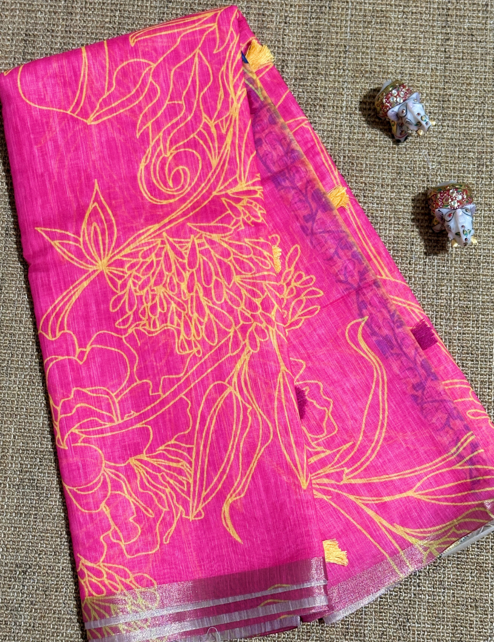 Rani Pink & Mustard Yellow Floral  with Contrast Pallu Linen Saree