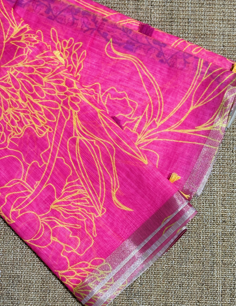 Rani Pink & Mustard Yellow Floral  with Contrast Pallu Linen Saree