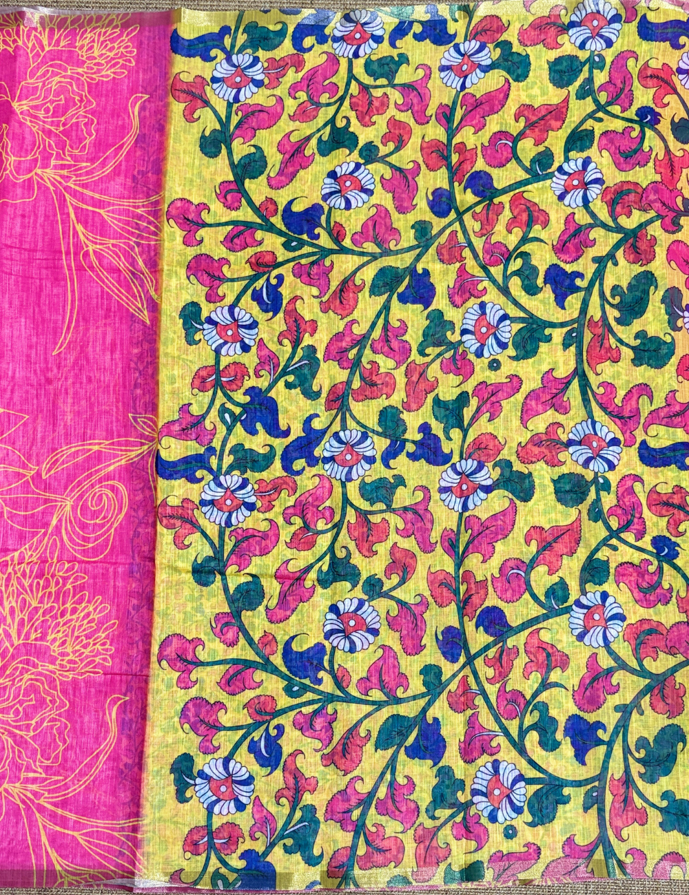 Rani Pink & Mustard Yellow Floral  with Contrast Pallu Linen Saree