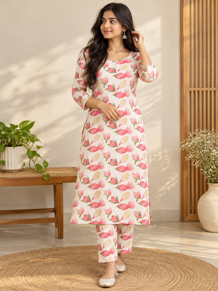 Elegant Floral Pure Cotton Kurta Set with Pants
