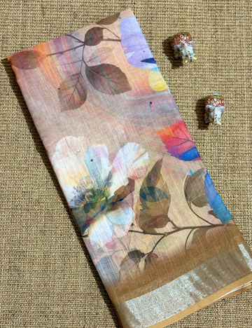 Pastel Floral with Golden Zari Border Linen Saree