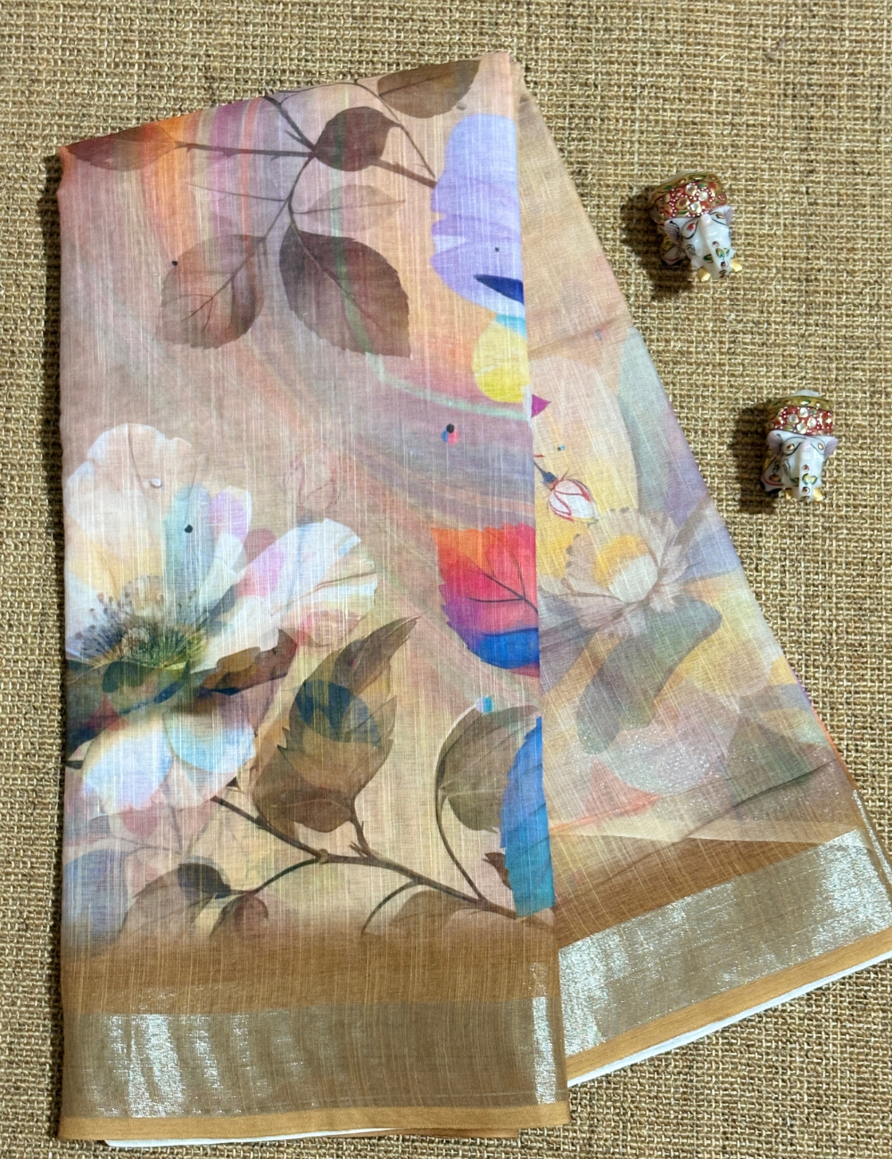 Pastel Floral with Golden Zari Border Linen Saree