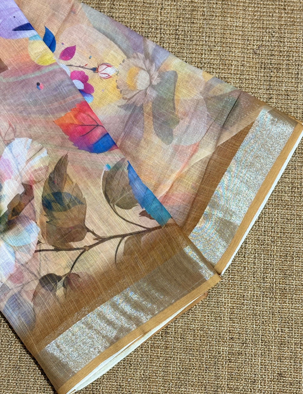 Pastel Floral with Golden Zari Border Linen Saree