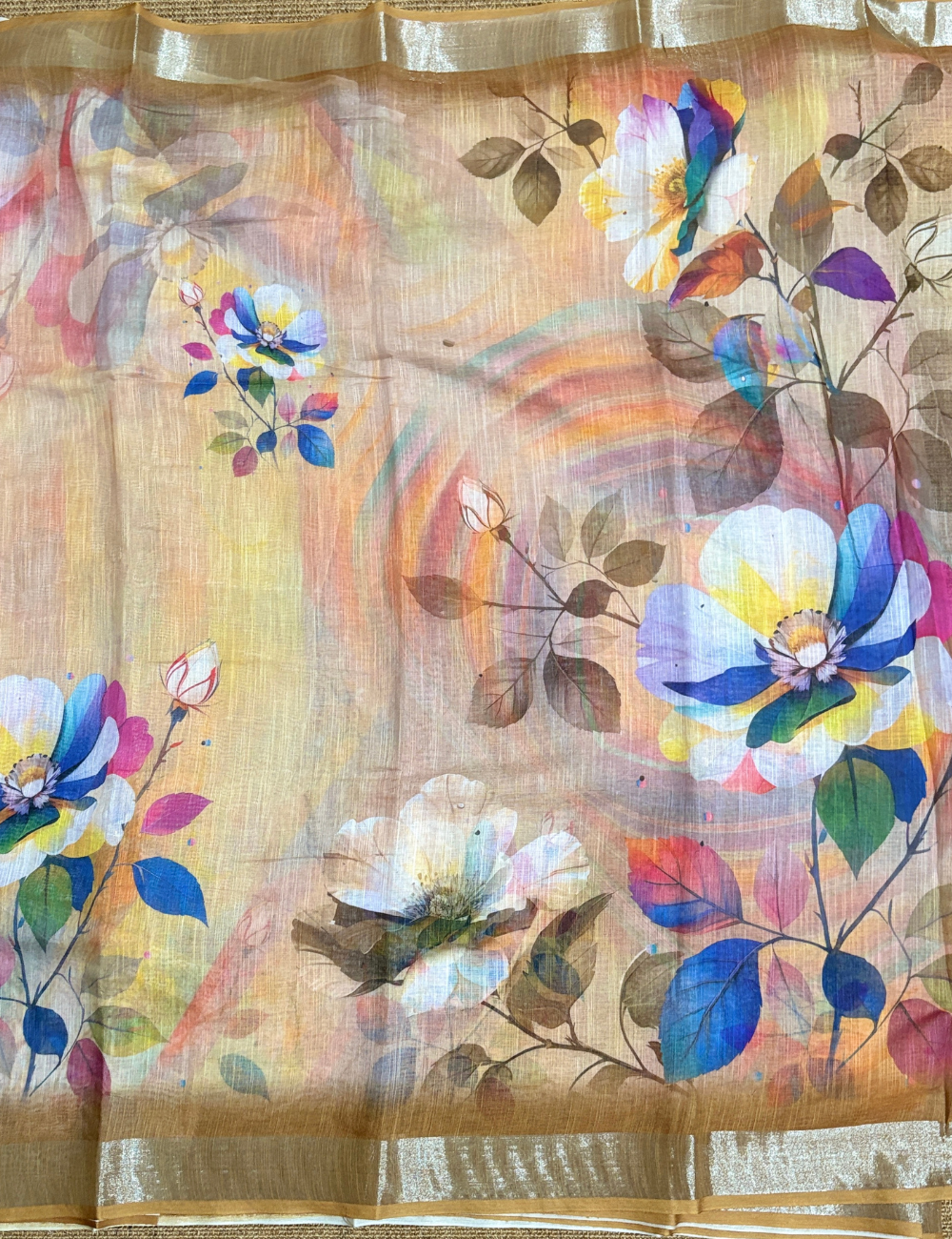 Pastel Floral with Golden Zari Border Linen Saree