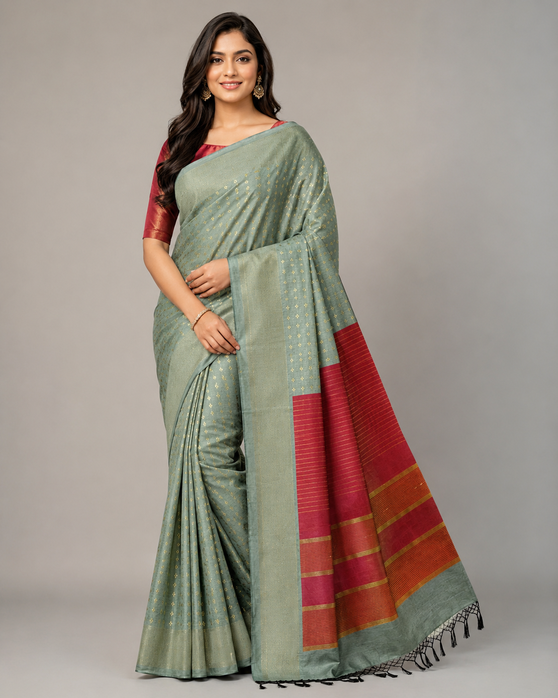 Pastel Green With Deep Maroon Raw Silk Saree