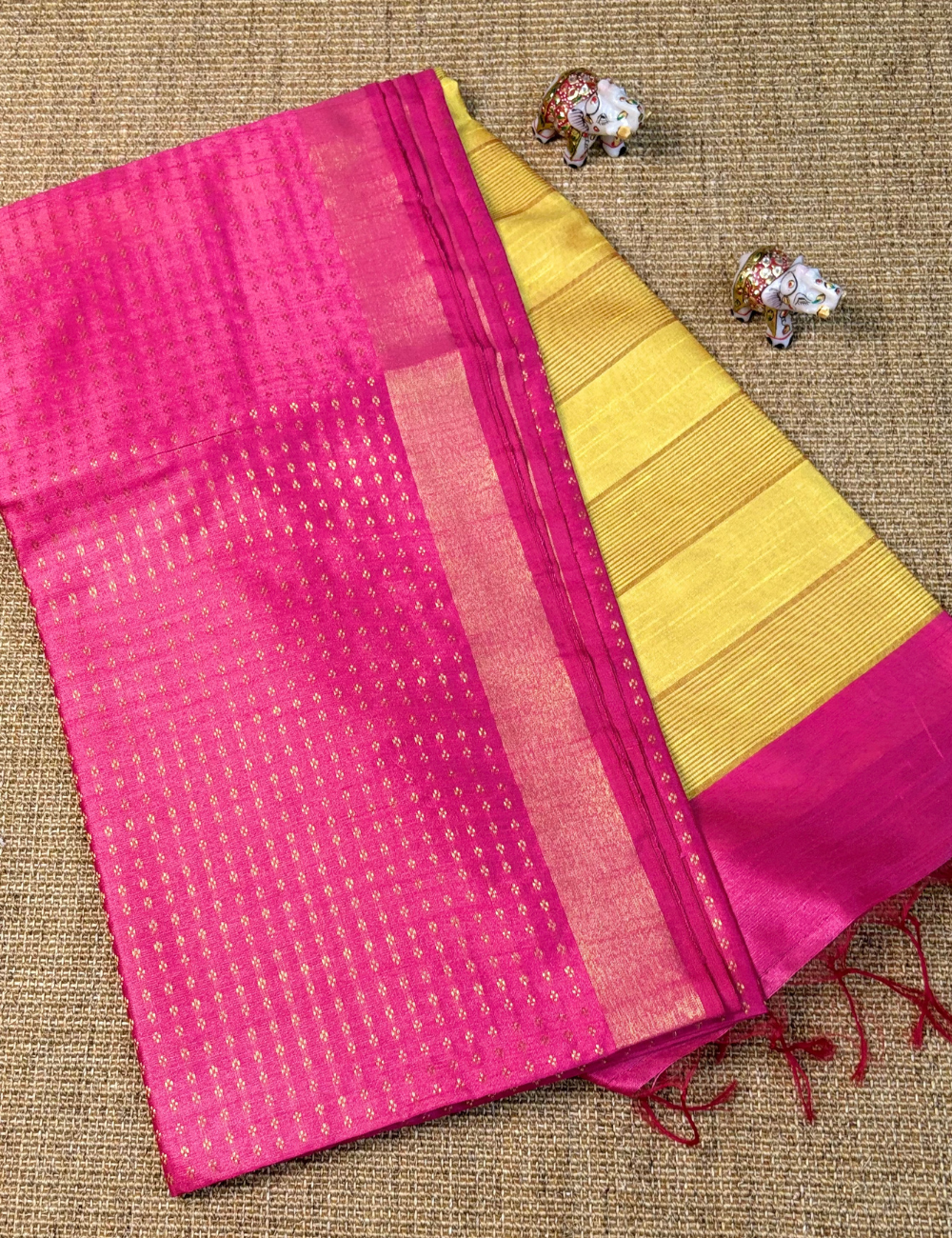 Pink With Yellow Raw Silk Saree