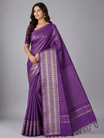 Royal Purple Checked Moonga Silk Saree
