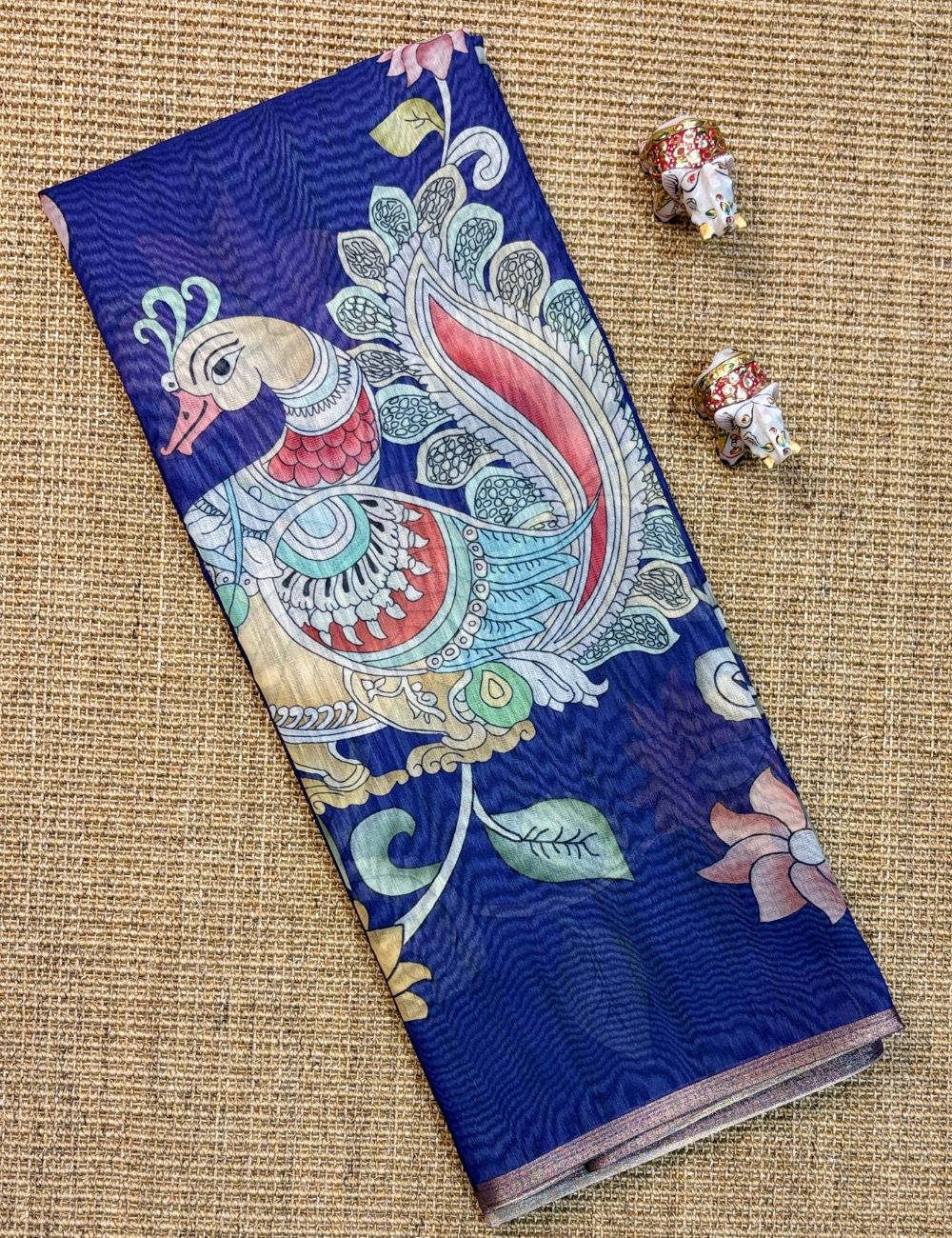 Royal Purple Chanderi Cotton Saree with Kalamkari Peacock & Floral Motifs