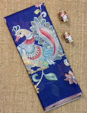 Royal Purple Chanderi Cotton Saree with Kalamkari Peacock & Floral Motifs