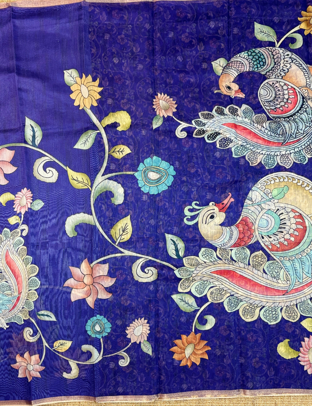 Royal Purple Chanderi Cotton Saree with Kalamkari Peacock & Floral Motifs