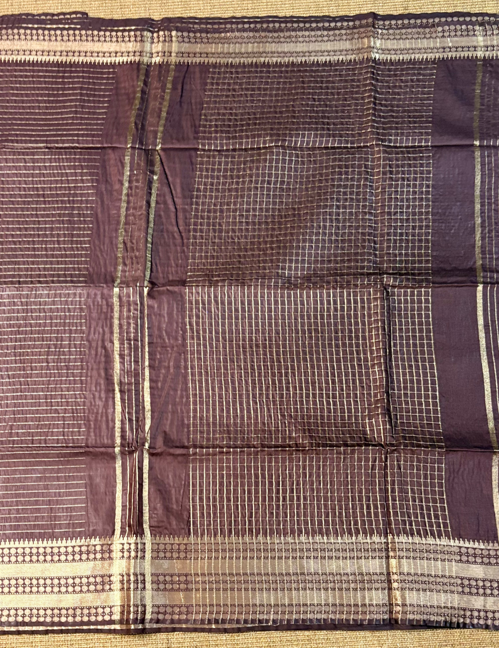 Brown  Checked  Moonga Silk Saree