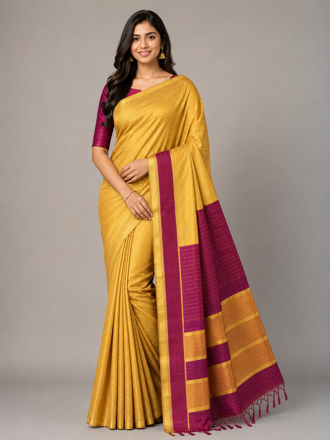 Yellow With Magenta Pink Raw Silk Saree