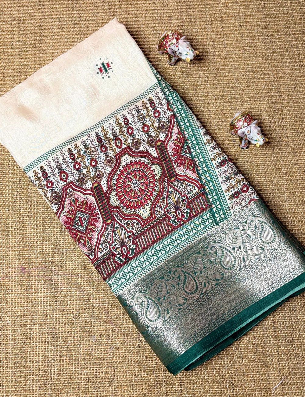 Cream with  Green & Red  Border Tussar saree