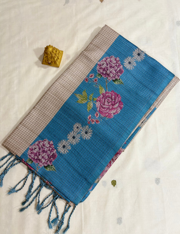 Blue Floral Raw Silk Saree