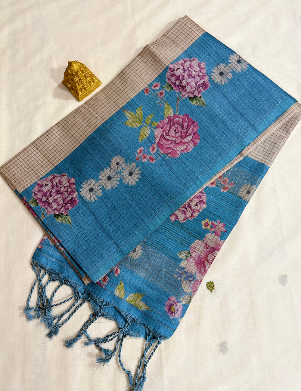 Blue Floral Raw Silk Saree