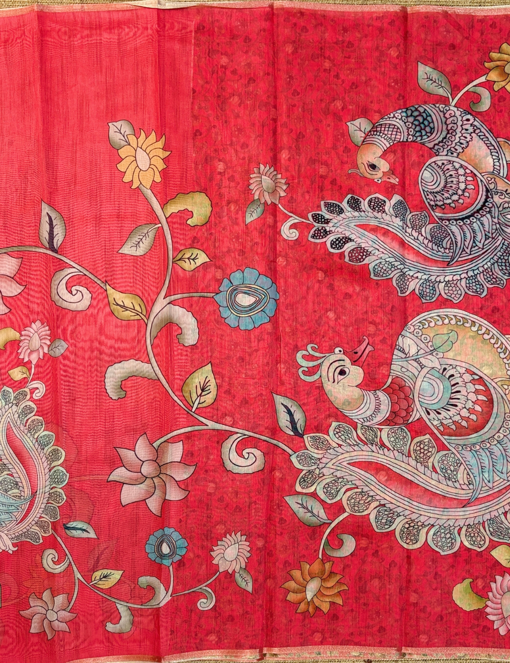 Red Chanderi Cotton Saree with Hand-Painted Kalamkari Peacock Motifs