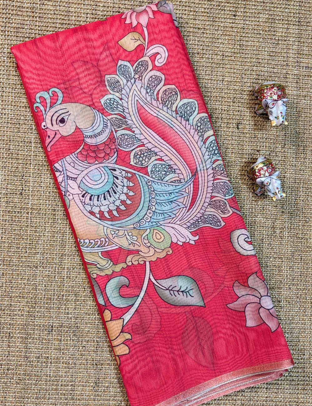 Red Chanderi Cotton Saree with Hand-Painted Kalamkari Peacock Motifs