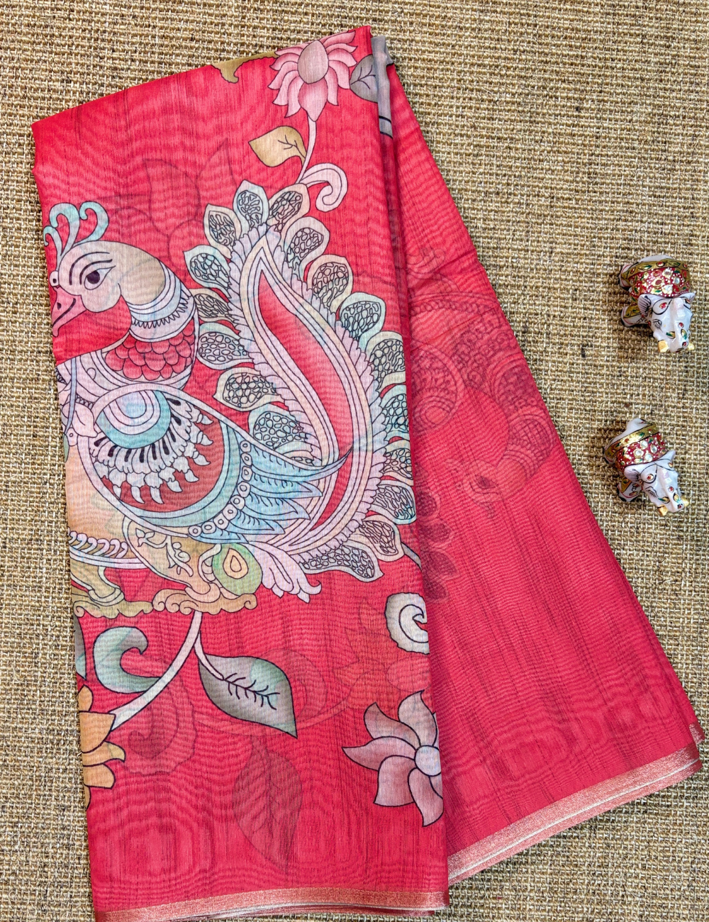 Red Chanderi Cotton Saree with Hand-Painted Kalamkari Peacock Motifs