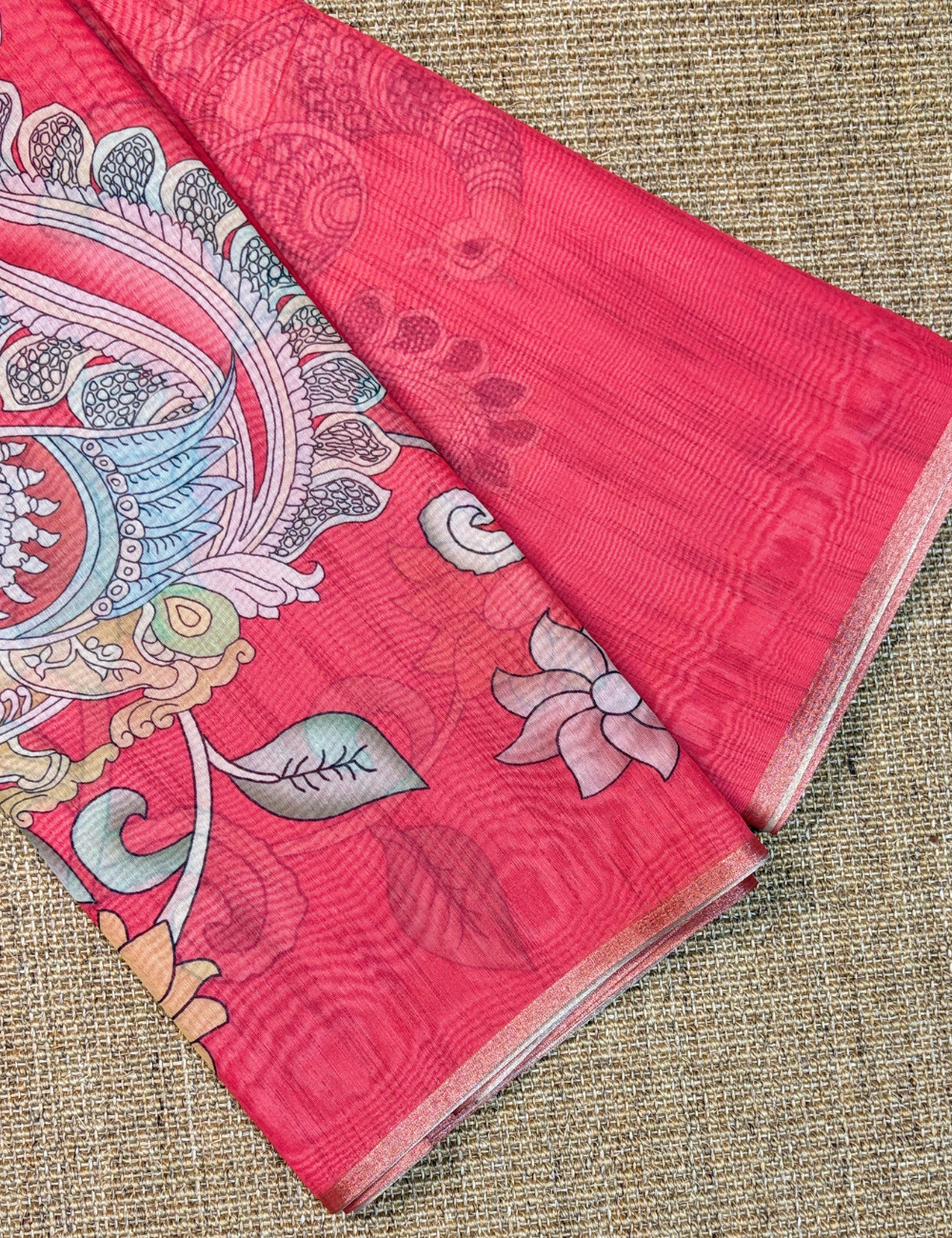 Red Chanderi Cotton Saree with Hand-Painted Kalamkari Peacock Motifs