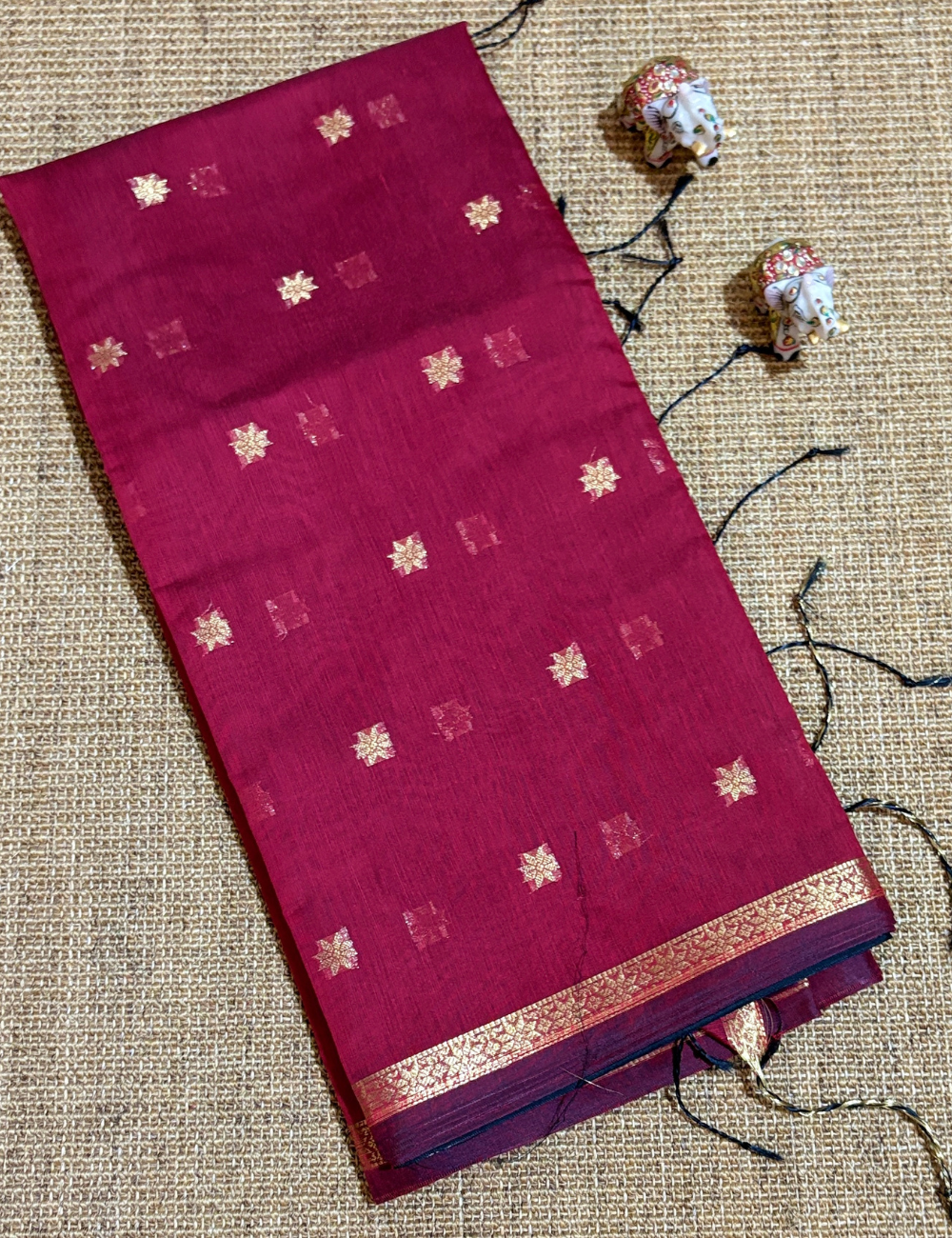 Classic Red & Black Kalyani Cotton Saree with Golden Border & Buttas