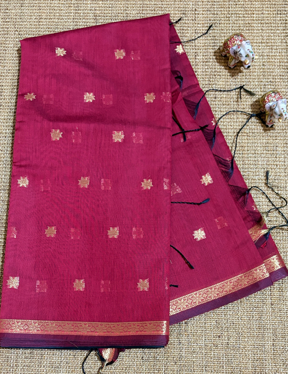 Classic Red & Black Kalyani Cotton Saree with Golden Border & Buttas