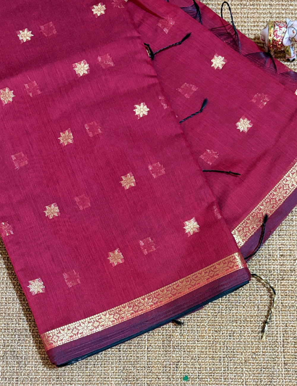 Classic Red & Black Kalyani Cotton Saree with Golden Border & Buttas